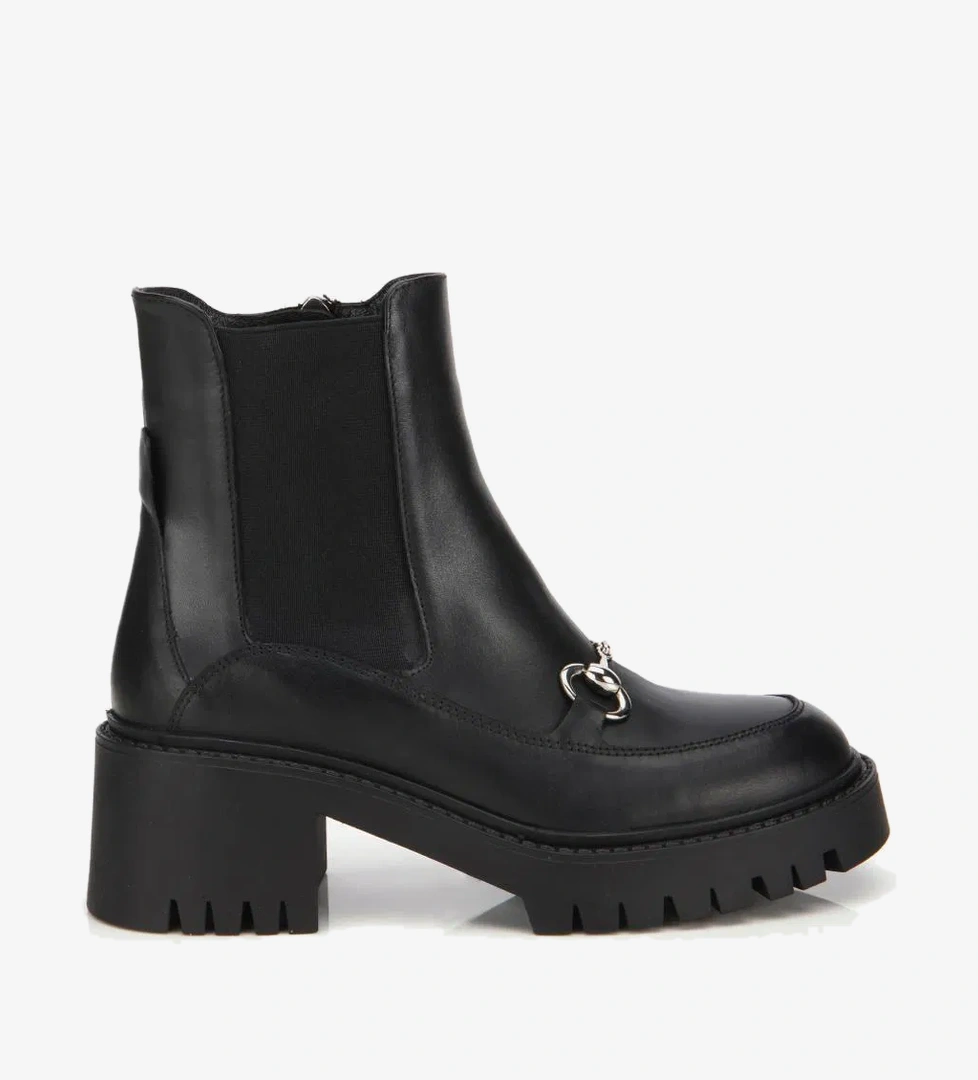 Kadın Deri Siyah Tokalı Lastik Detaylı Kalın Tabanlı Topuklu Bot - Görsel 1