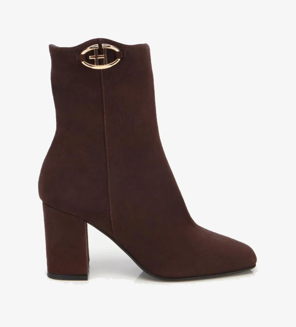 Kadın Süet Deri Kahverengi Tokalı Kare Uçlu Bilekte Topuklu Bot - Görsel 1