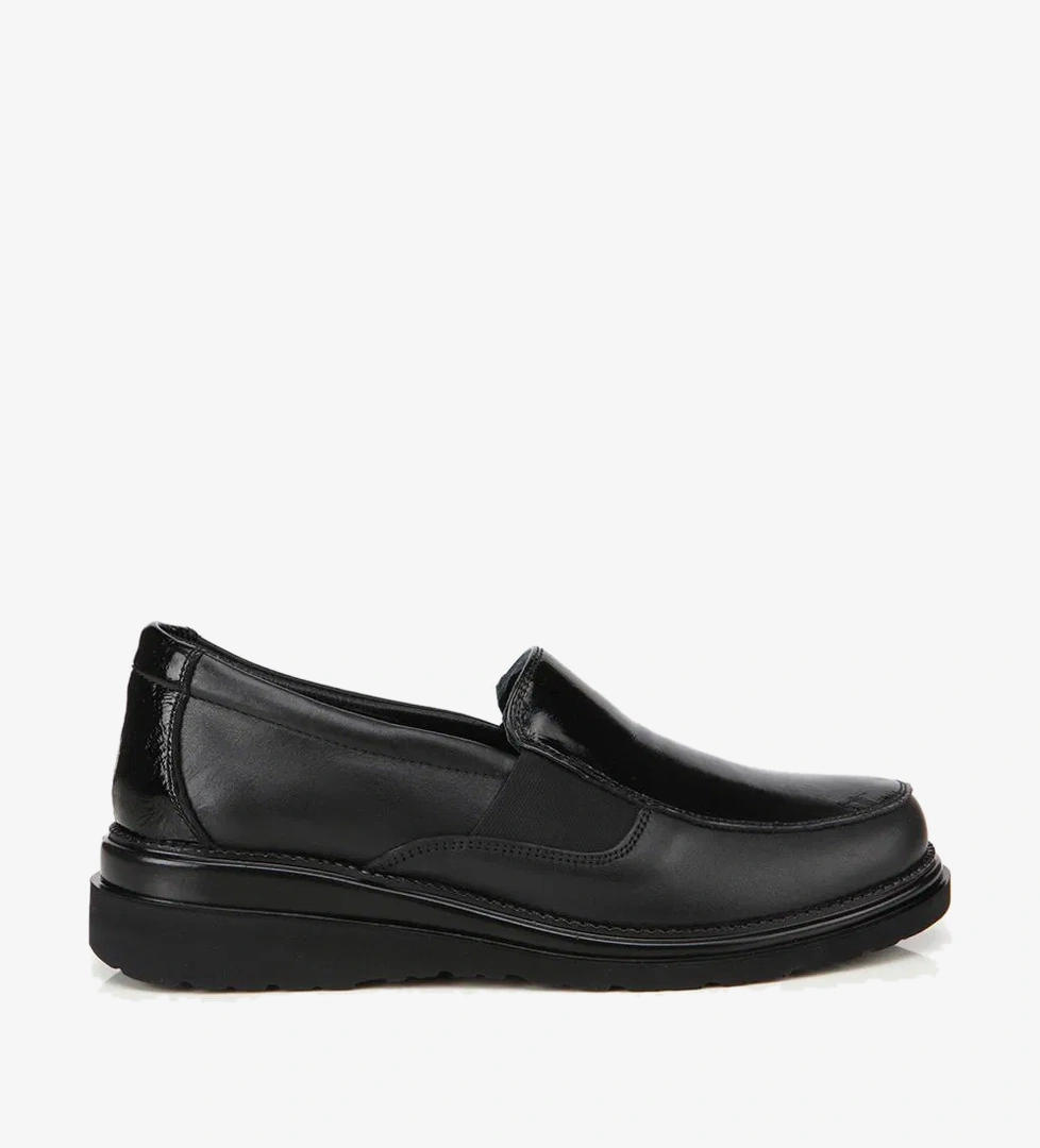 Kadın Deri Siyah Lastik Detaylı Dolgu Topuklu Günlük Loafer - Görsel 1