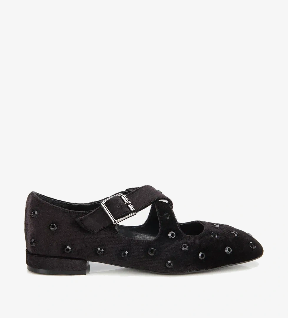 Kadın Siyah Kadife Taşlı Çapraz Bantlı Babet