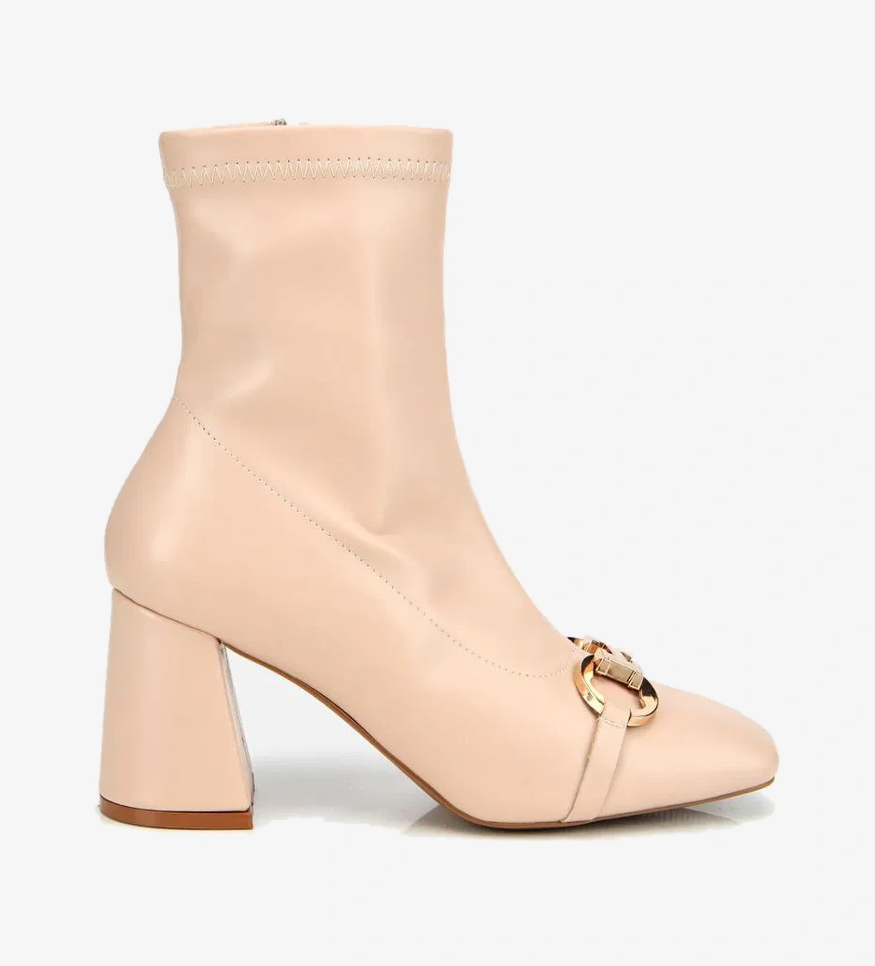 Kadın Bej Tokalı Streç Fermuarlı Yüksek Topuklu Bot - Görsel 1