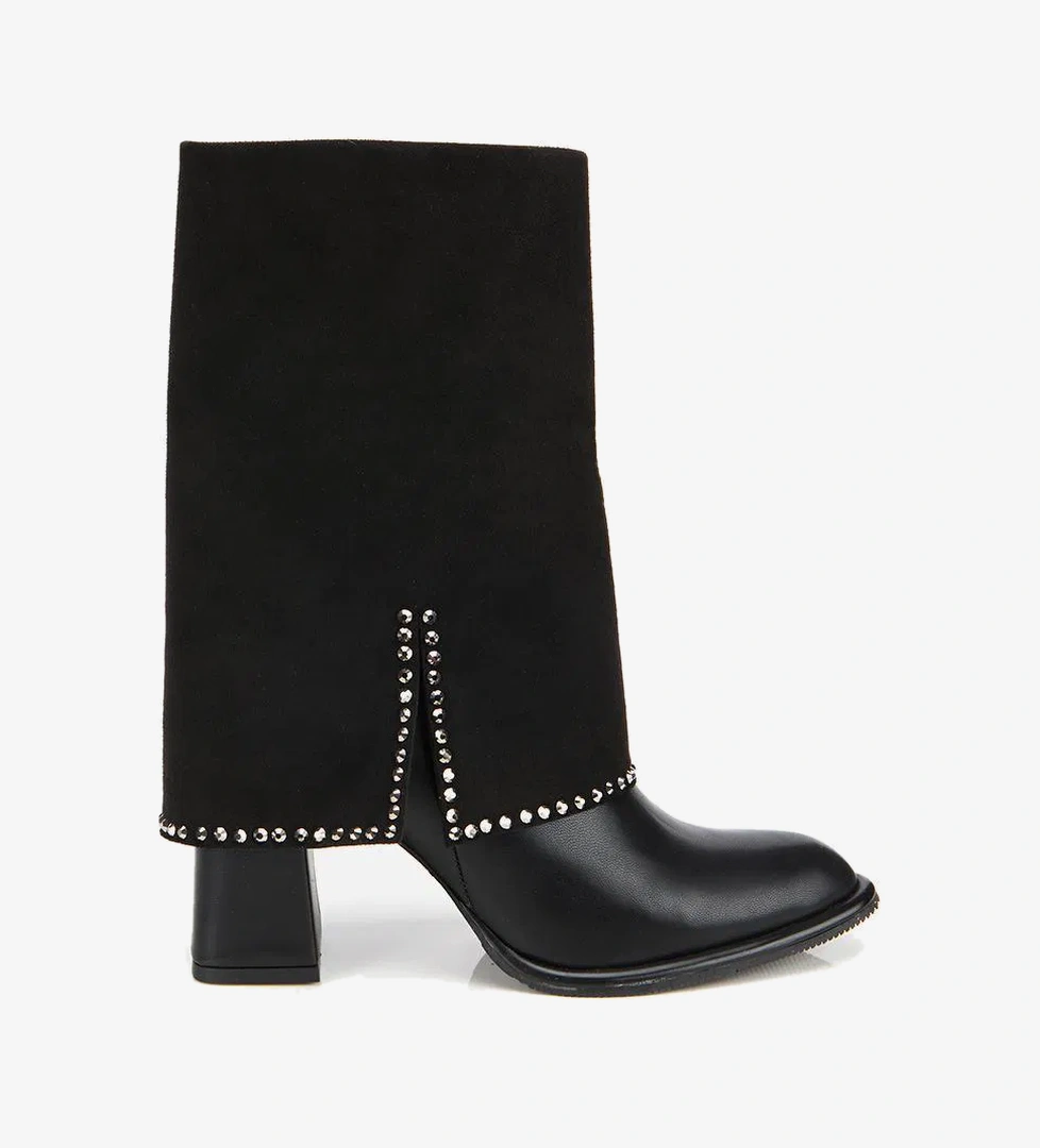 Kadın Siyah Pantolon Görünümlü Zımbalı Kalın Topuklu Bot