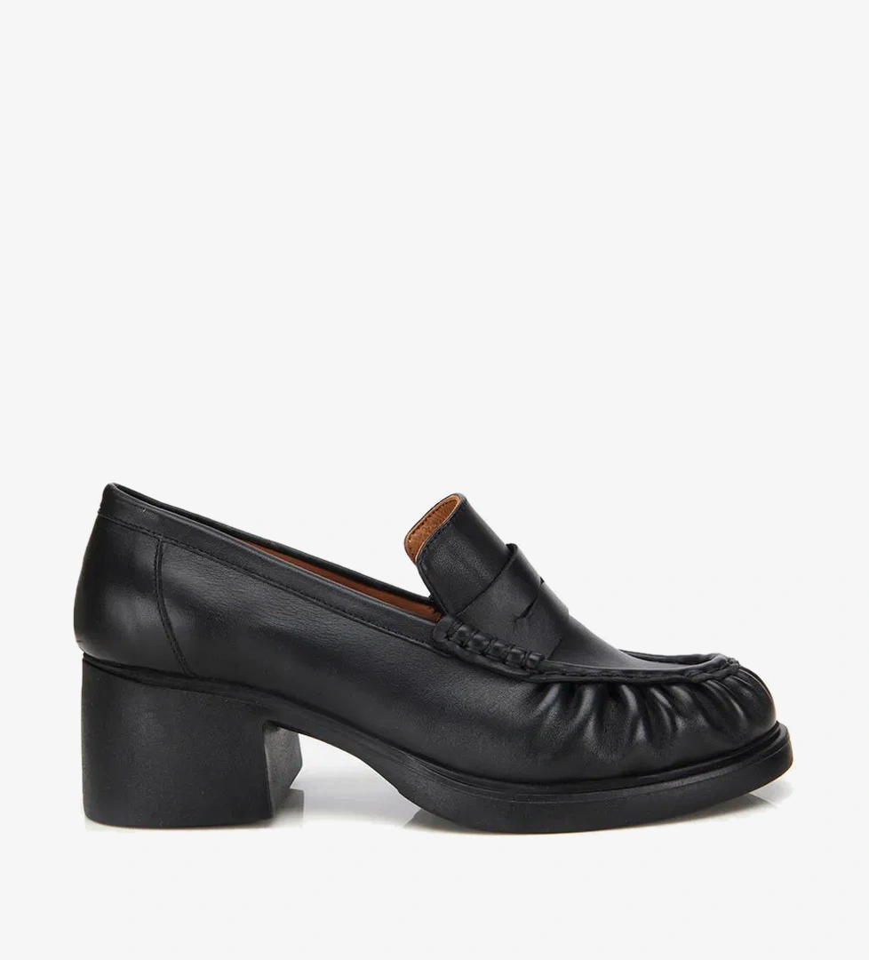 Kadın Deri Siyah Büzgülü  Kalın Tabanlı Klasik Loafer - Görsel 1