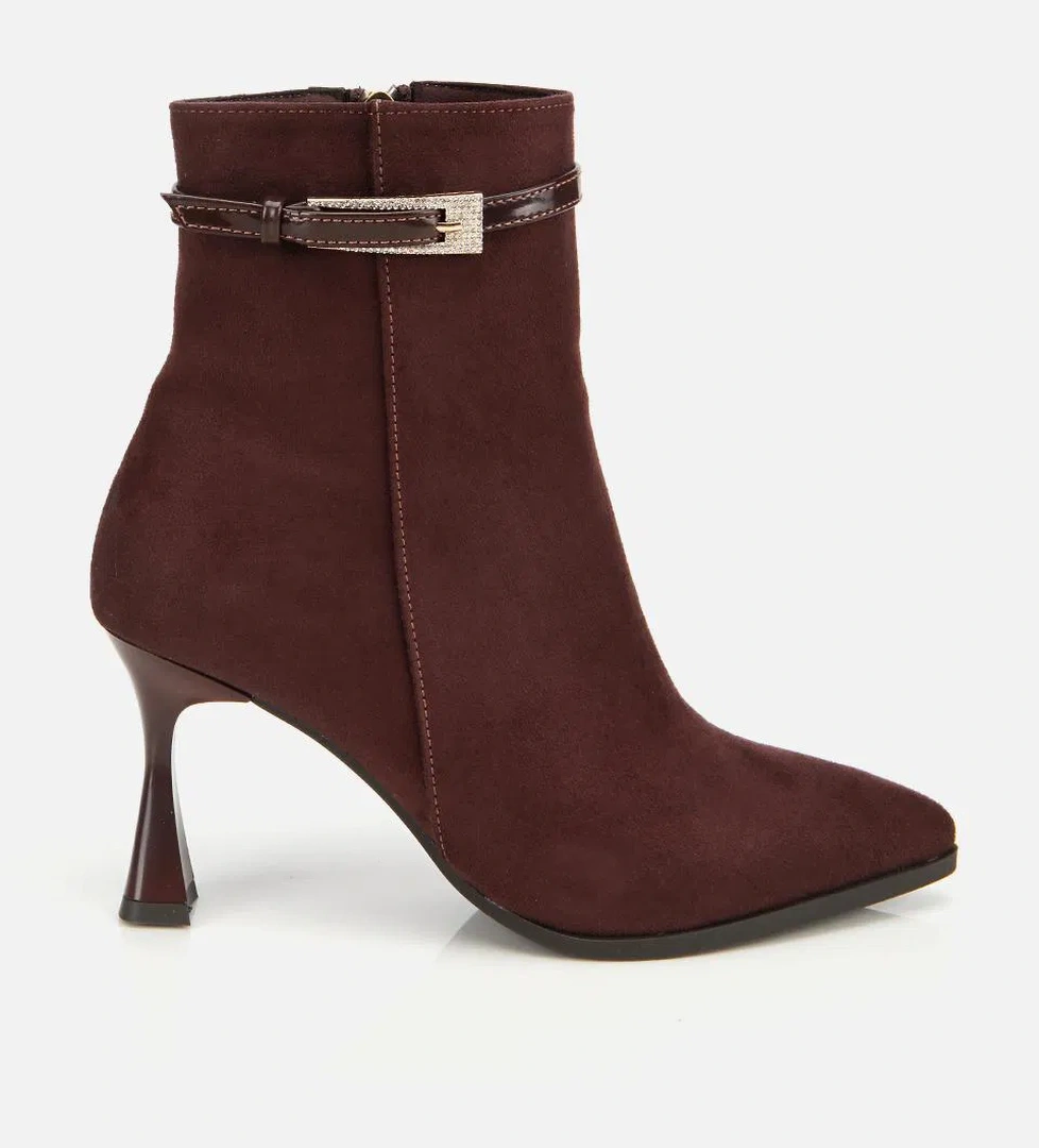 Kadın Süet Kahverengi Taşlı Tokalı Bilekte Topuklu Bot - Görsel 1