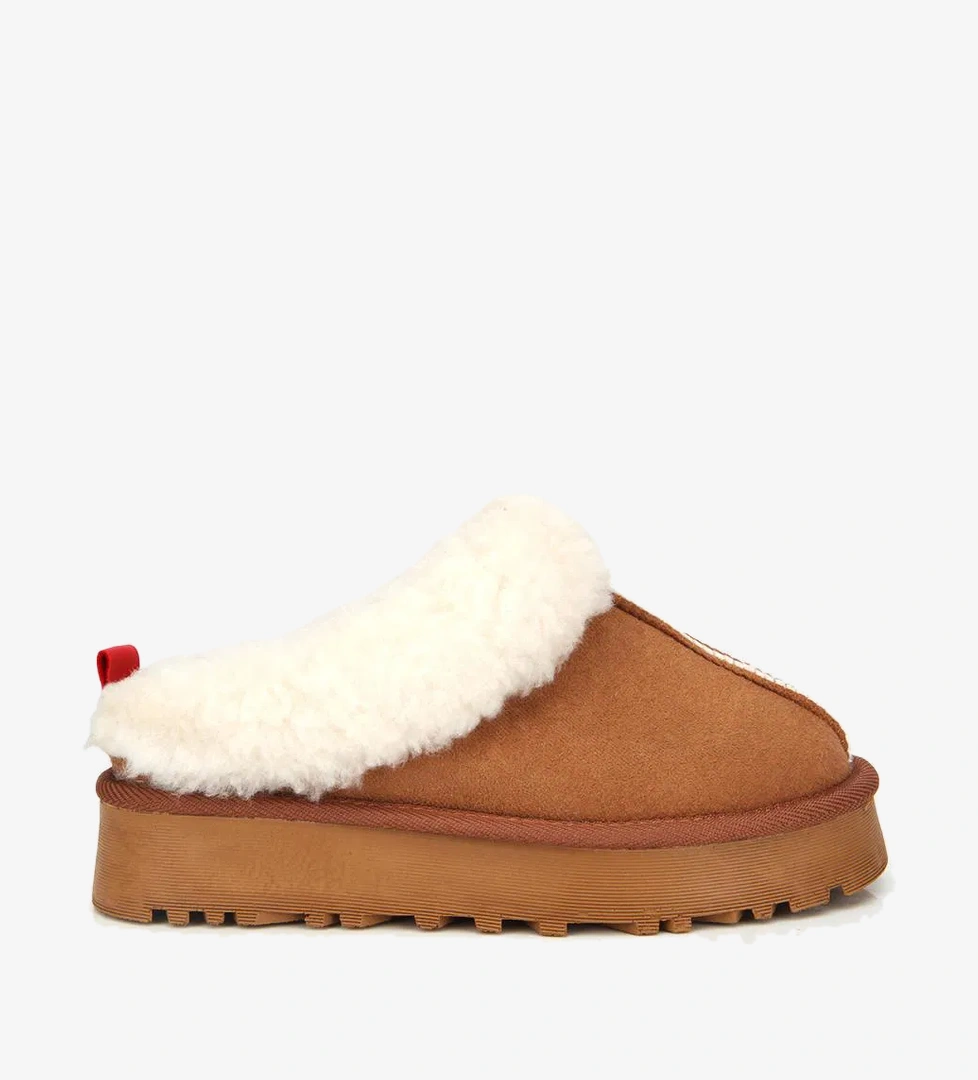 Kadın Süet Taba İçi Kürklü Düz Terlik - Görsel 1