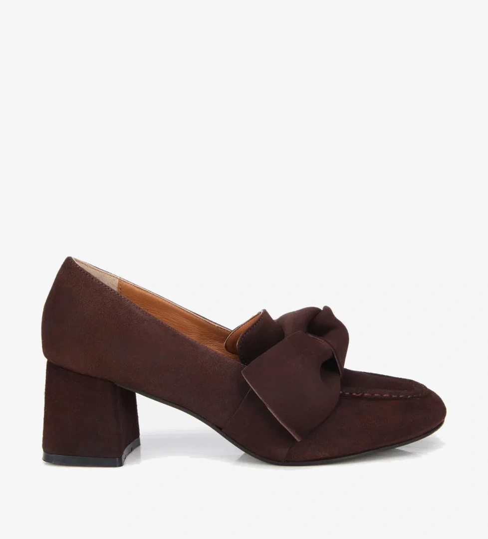 Kadın Süet Kahverengi Fiyonk Detaylı Kalın Topuklu Ayakkabı - Görsel 1