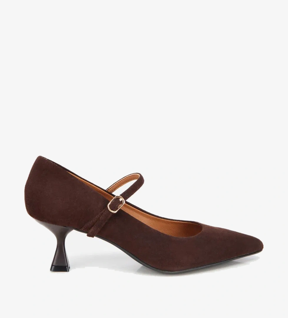 Kadın Süet Deri Mary Jane Kahverengi İnce Bantlı Stiletto - Görsel 1