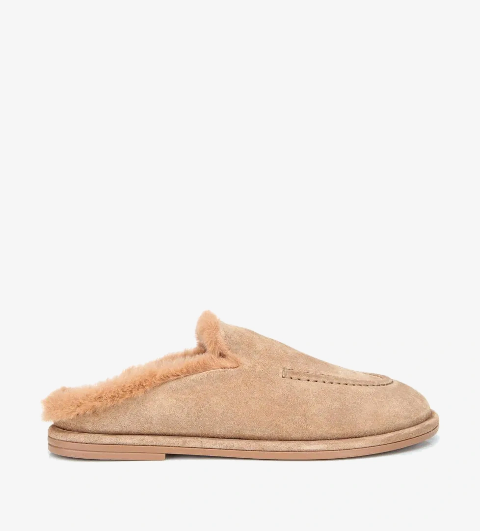 Hotiç Kadın Süet Deri Bej Kahverengi İçi Kürklü Düz Günlük Terlik model görseli