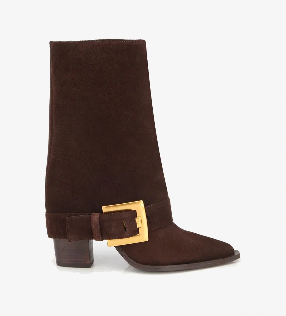 Kadın Süet Deri Kahverengi Pantolon Görünümlü Gold Tokalı Topuklu Bot - Görsel 1