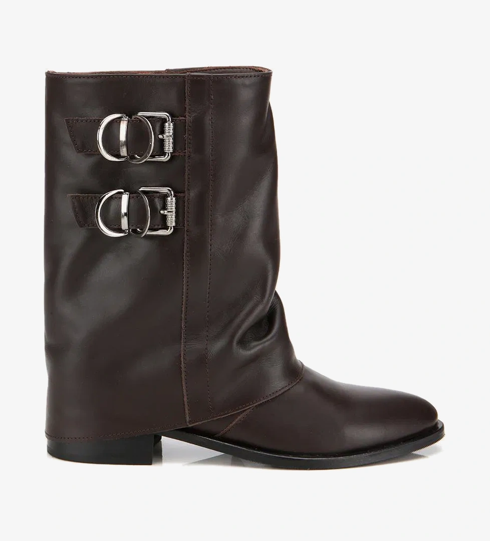 Kadın Deri Kahverengi Tokalı Kırışık Görünümlü Kovboy/Western Düz Bot - Görsel 1