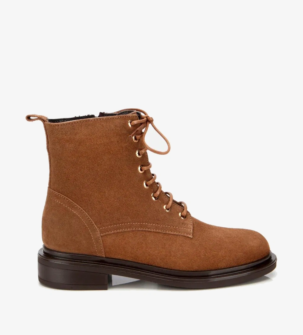 Kadın Süet Deri Taba Bağcık Detaylı Fermuarlı Düz Bot - Görsel 1