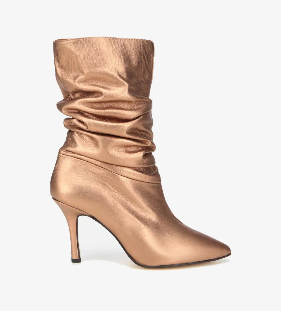 Kadın Deri Bronz Büzgülü Sivri Burunlu İnce Topuklu Bot - Görsel 1