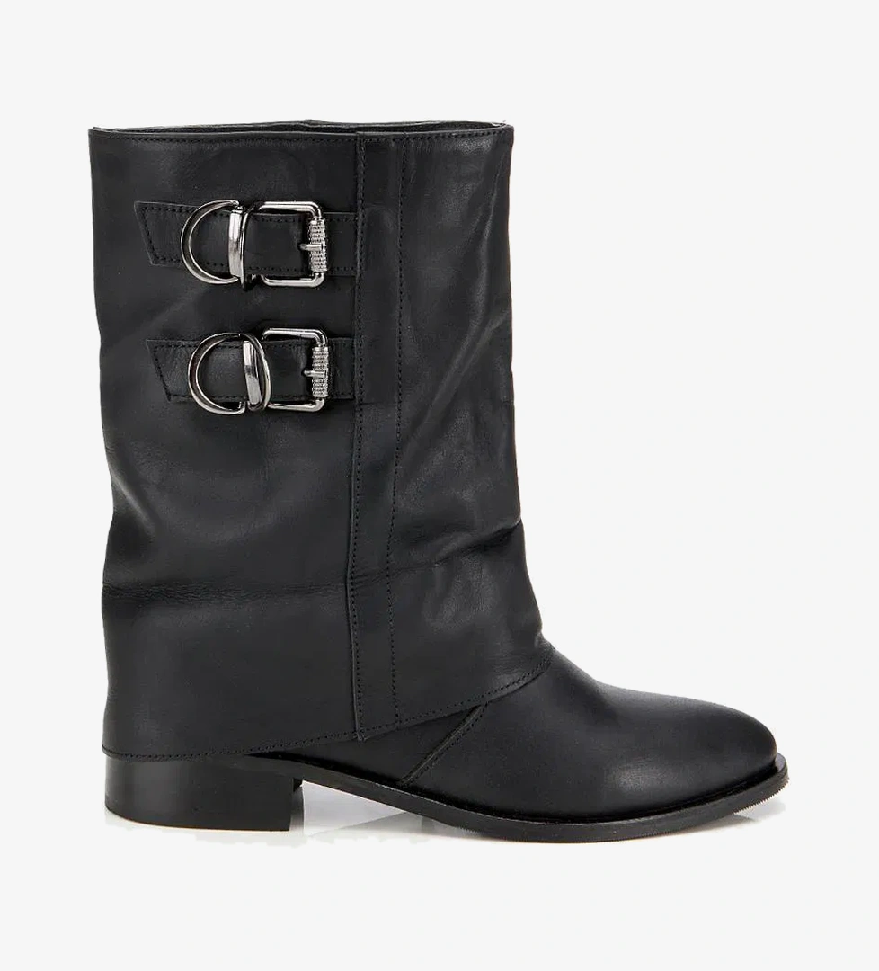 Kadın Deri Siyah Tokalı Kırışık Görünümlü Kovboy/Western Düz Bot - Görsel 1