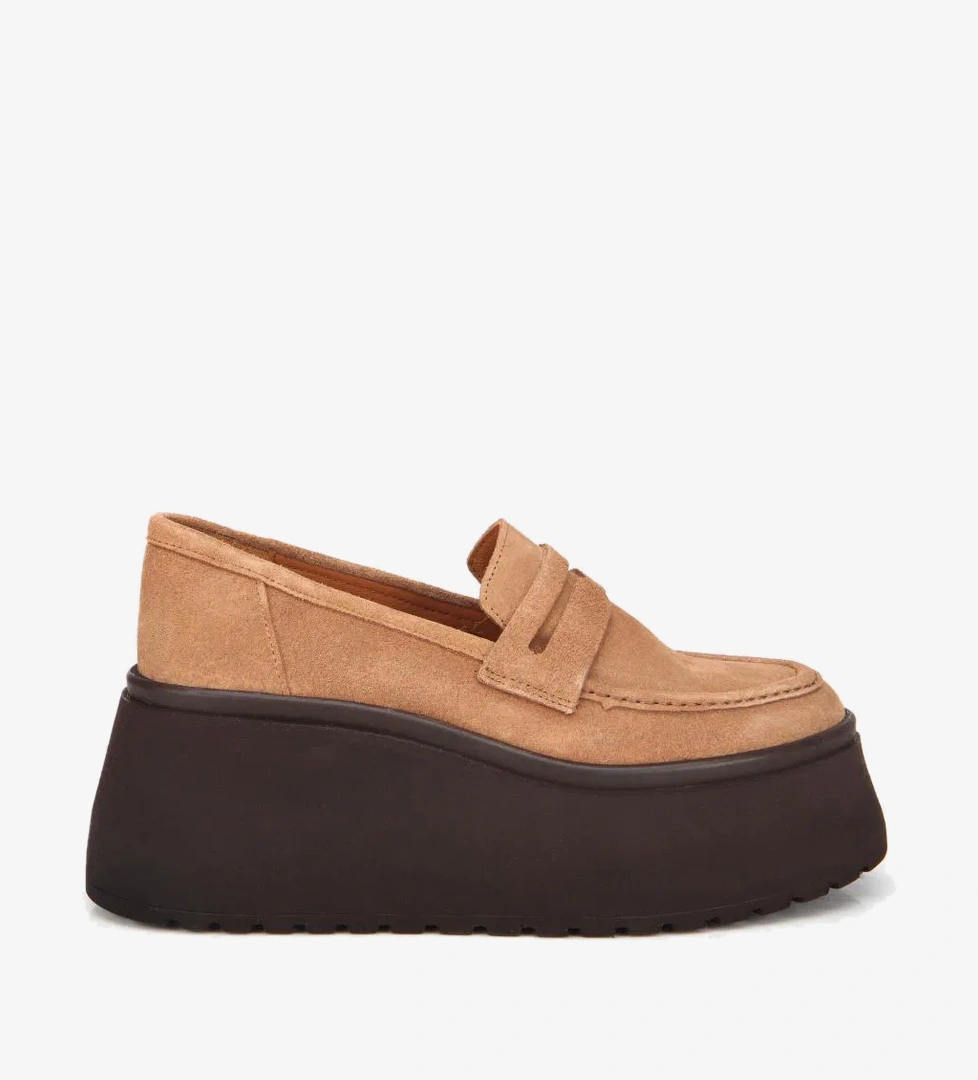 Kadın Süet Deri Taba Dolgu Topuklu Günlük Loafer