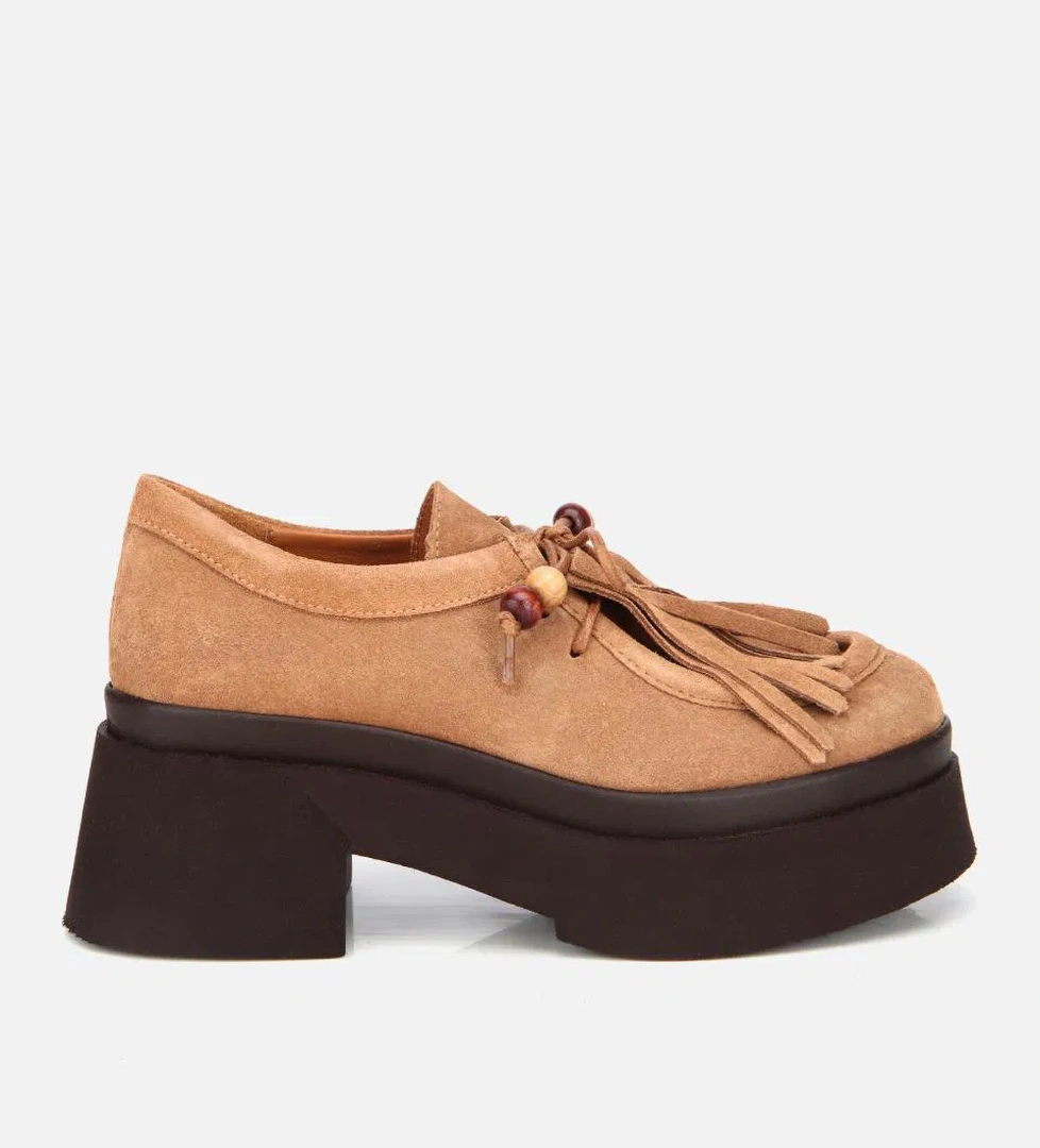 Kadın Süet Deri Taba Püskül Detaylı Kalın Tabanlı Günlük Loafer - Görsel 1