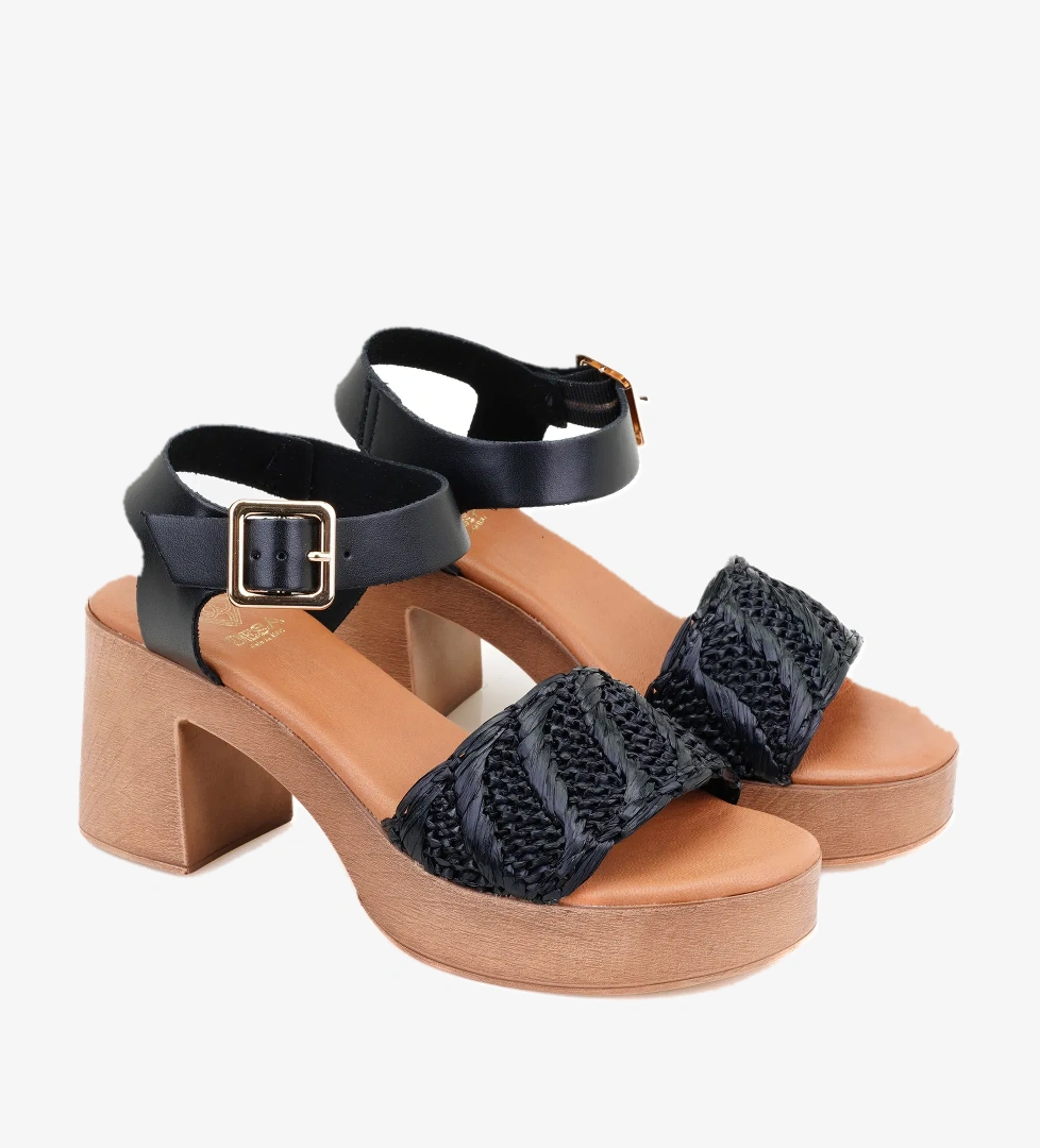 Kadın Siyah Hasır Topuklu Deri Sandalet - Görsel 1