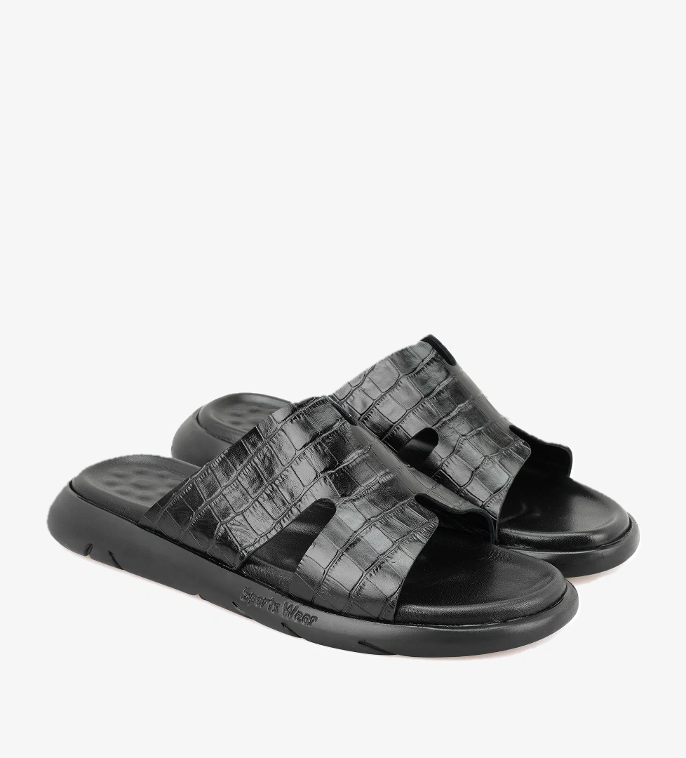 Fabiola Siyah Erkek Kroko Baskılı Deri Terlik - Görsel 1