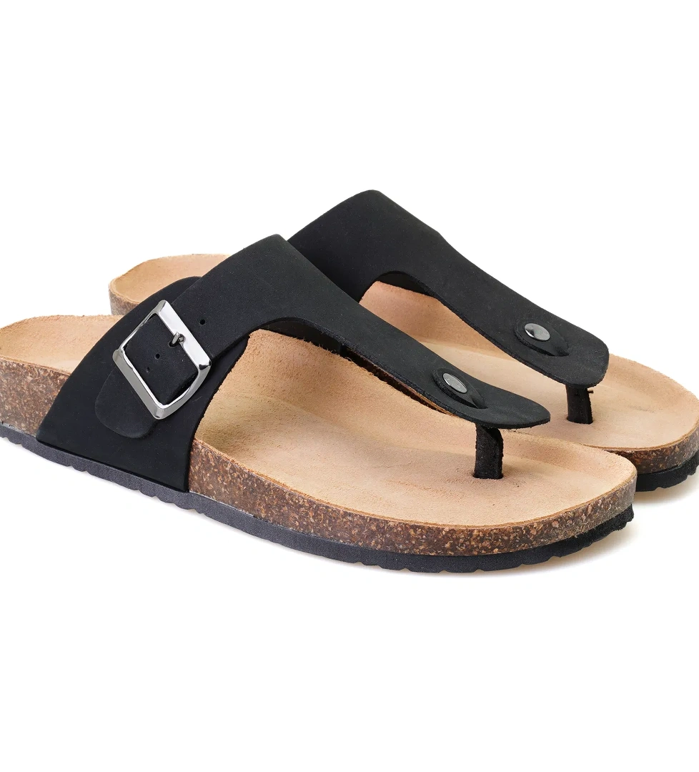 Karen Siyah Erkek Parmak Arası Nubuk Deri Terlik