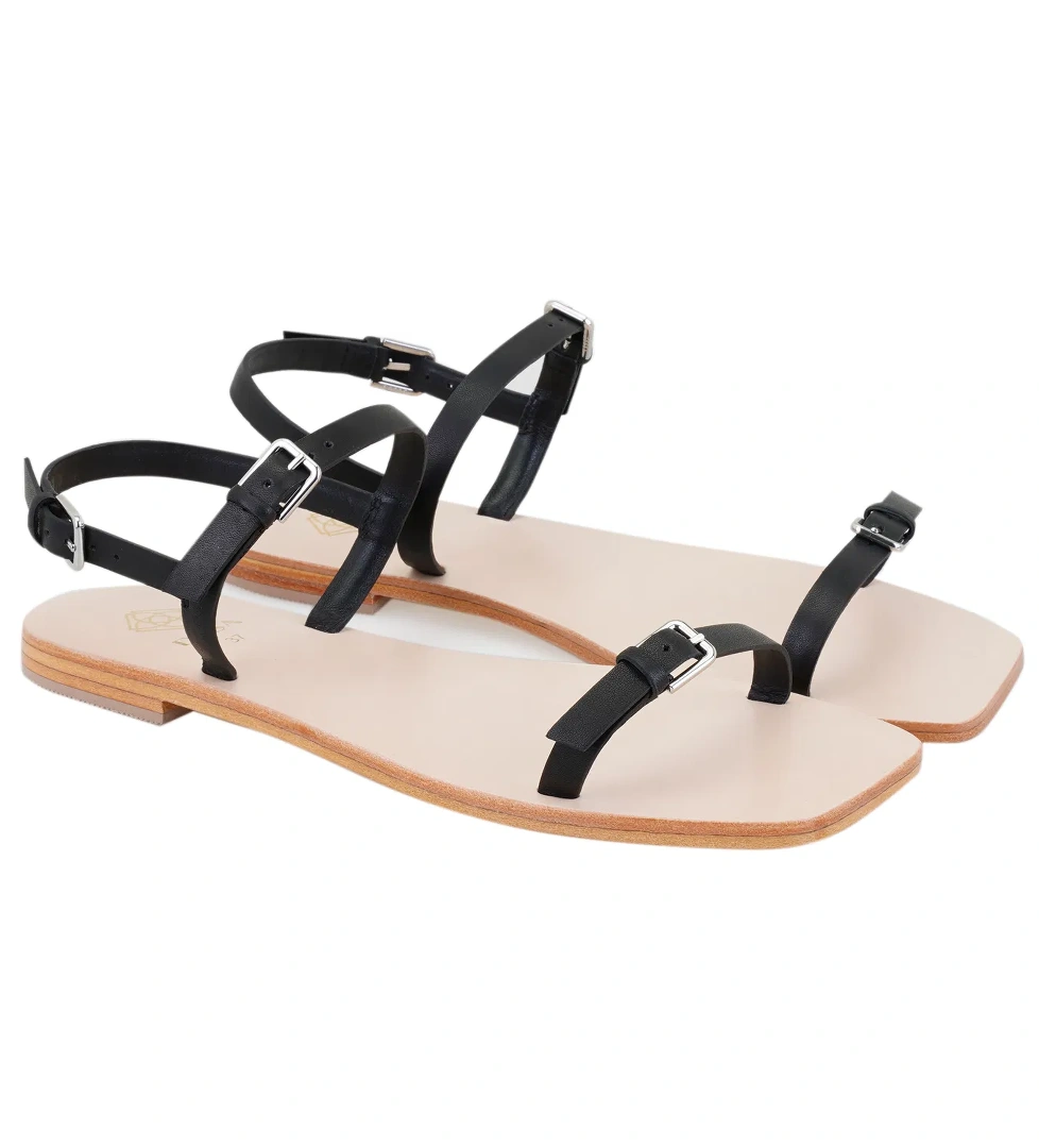 Kadın Siyah Ayarlanabilir Tokalı Deri Sandalet