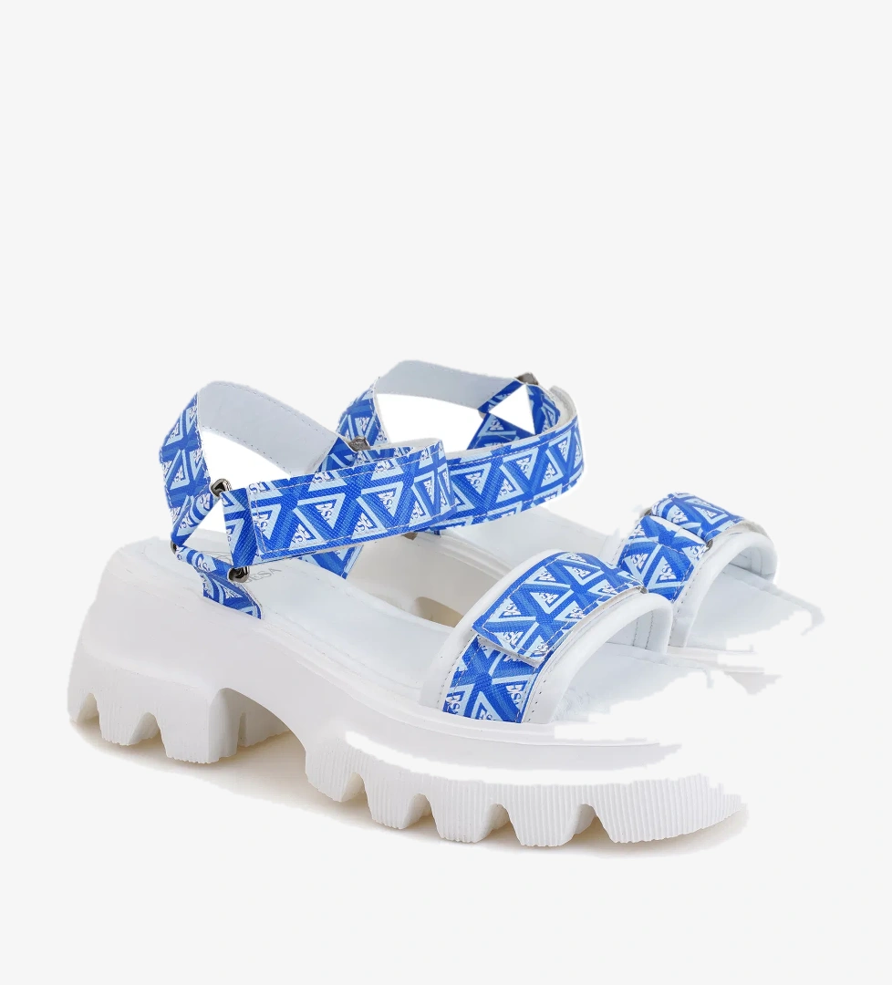 Kadın Mavi Monogram Desenli Dolgu Topuklu Sandalet - Görsel 1