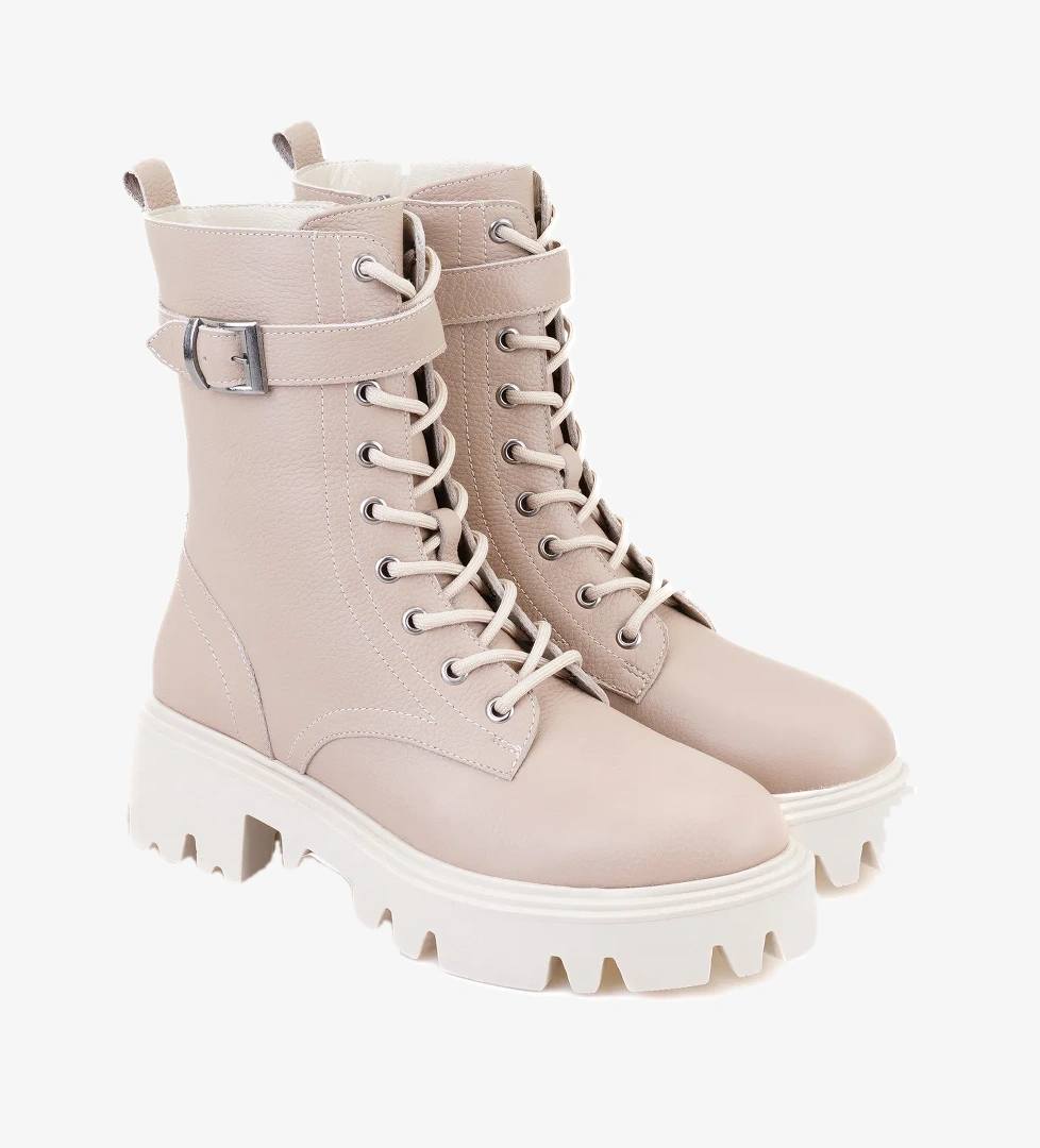 Kadın Bej Fermuarlı Deri Bot - Görsel 1