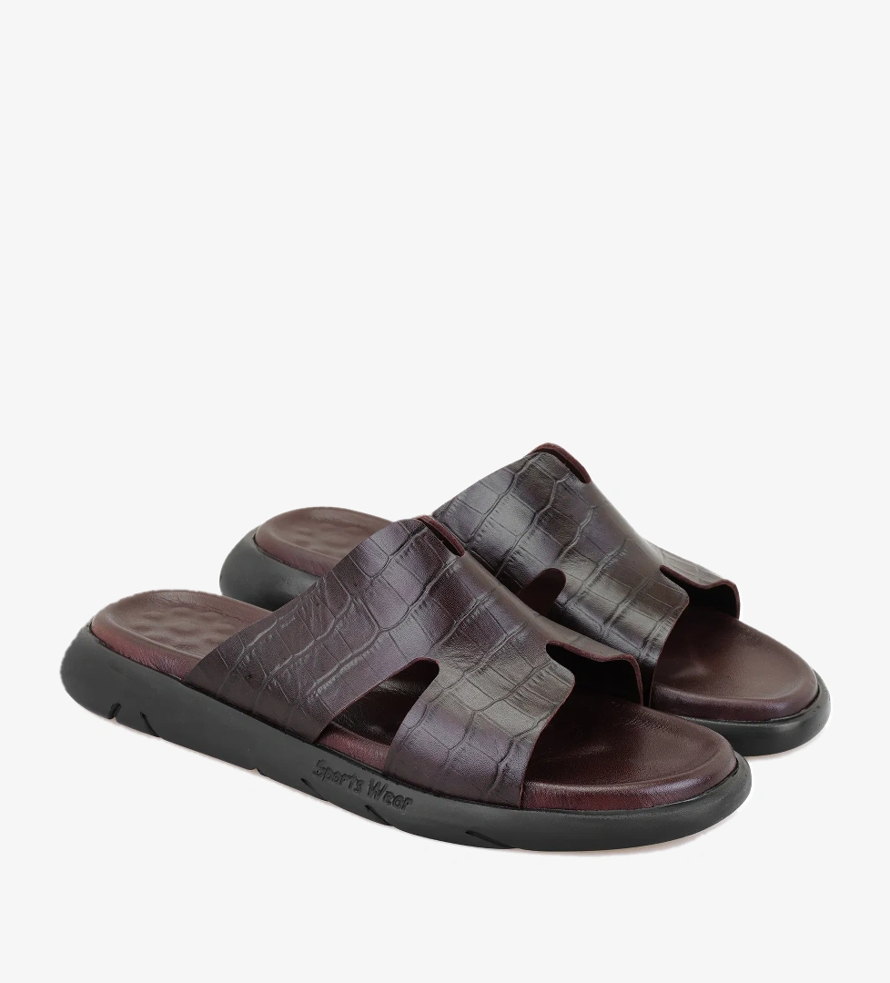 Fabiola Kahve Erkek Kroko Baskılı Deri Terlik