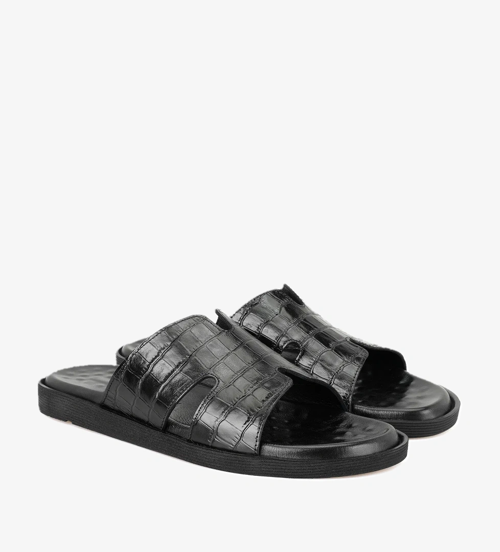 David Siyah Erkek Kroko Baskılı Deri Terlik - Görsel 1