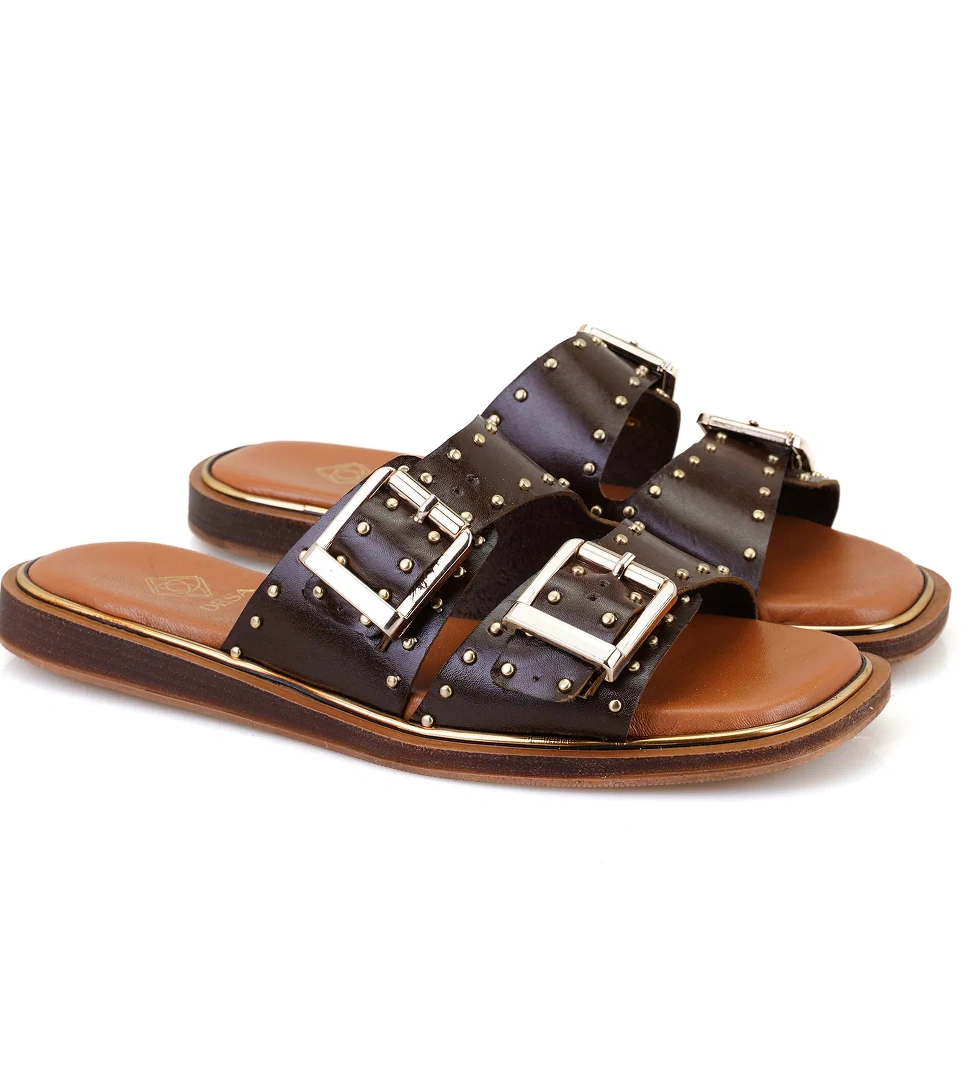 Kahve Kadın Ayarlanabilir Tokalı Deri Terlik - Görsel 1