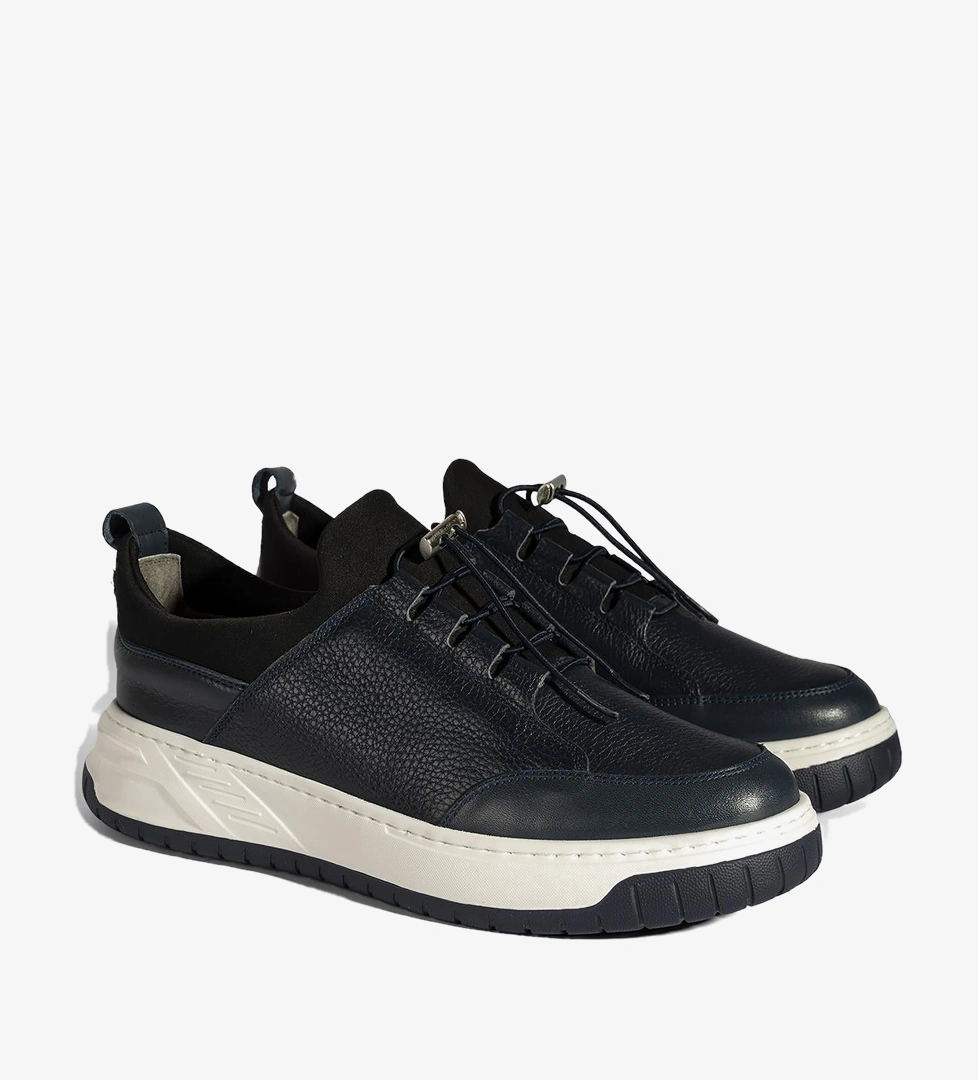 Erkek Lacivert Lastik Bağcıklı Deri Sneaker
