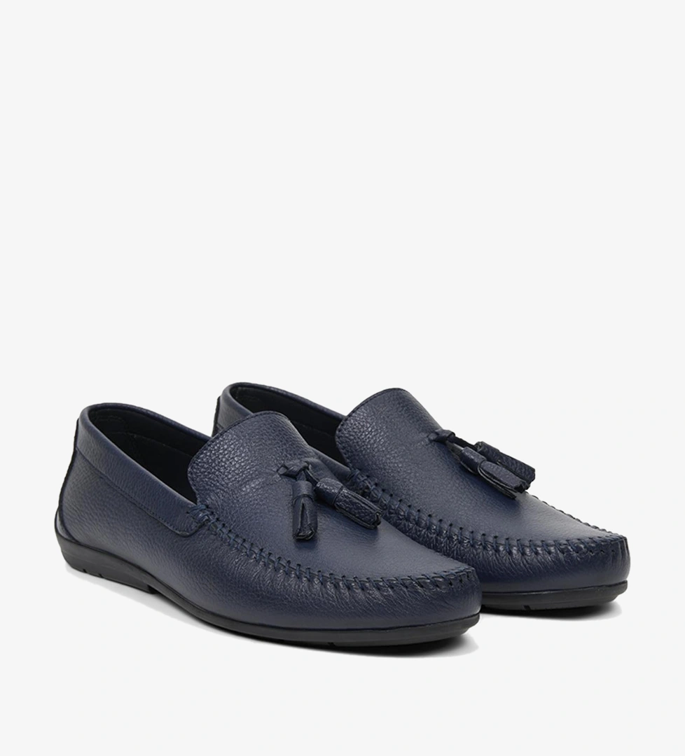 Erkek Lacivert Püskül Detaylı Deri Loafer