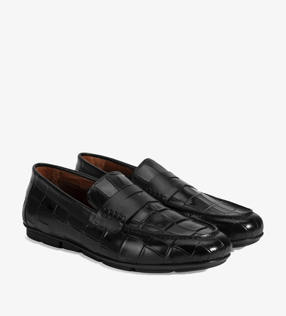 Erkek Siyah Kroko Baskılı Deri Loafer