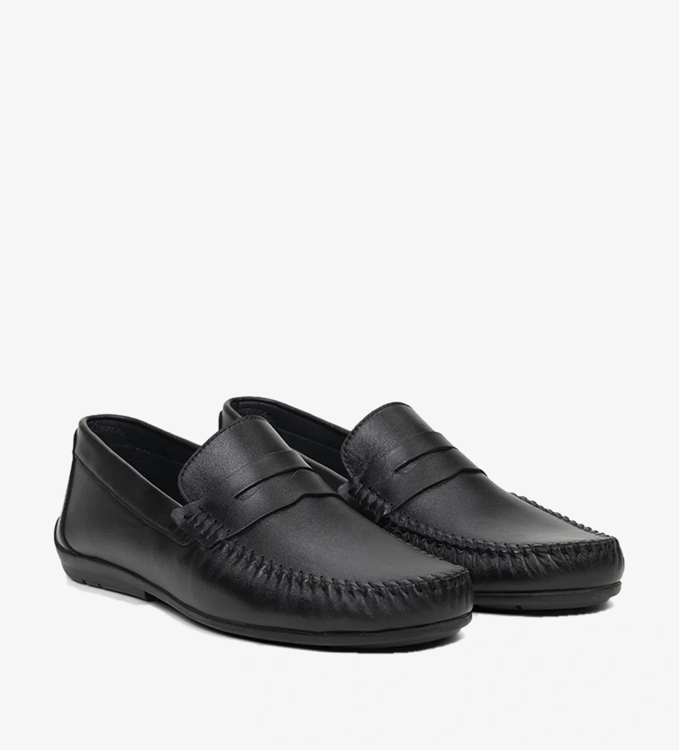 Erkek Siyah Yuvarlak Burun Deri Loafer