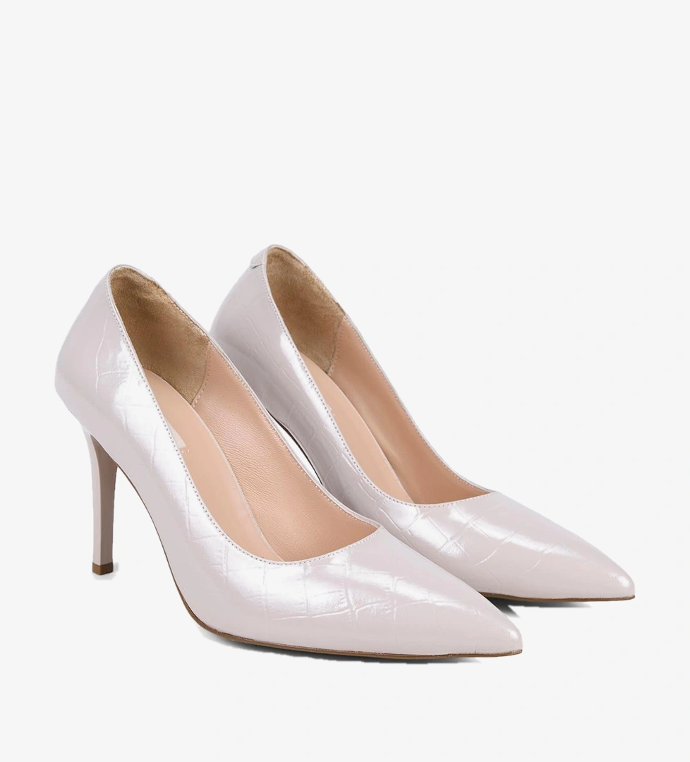 Kadın Bej Kroko Baskılı Sivri Burunlu Klasik Deri Stiletto