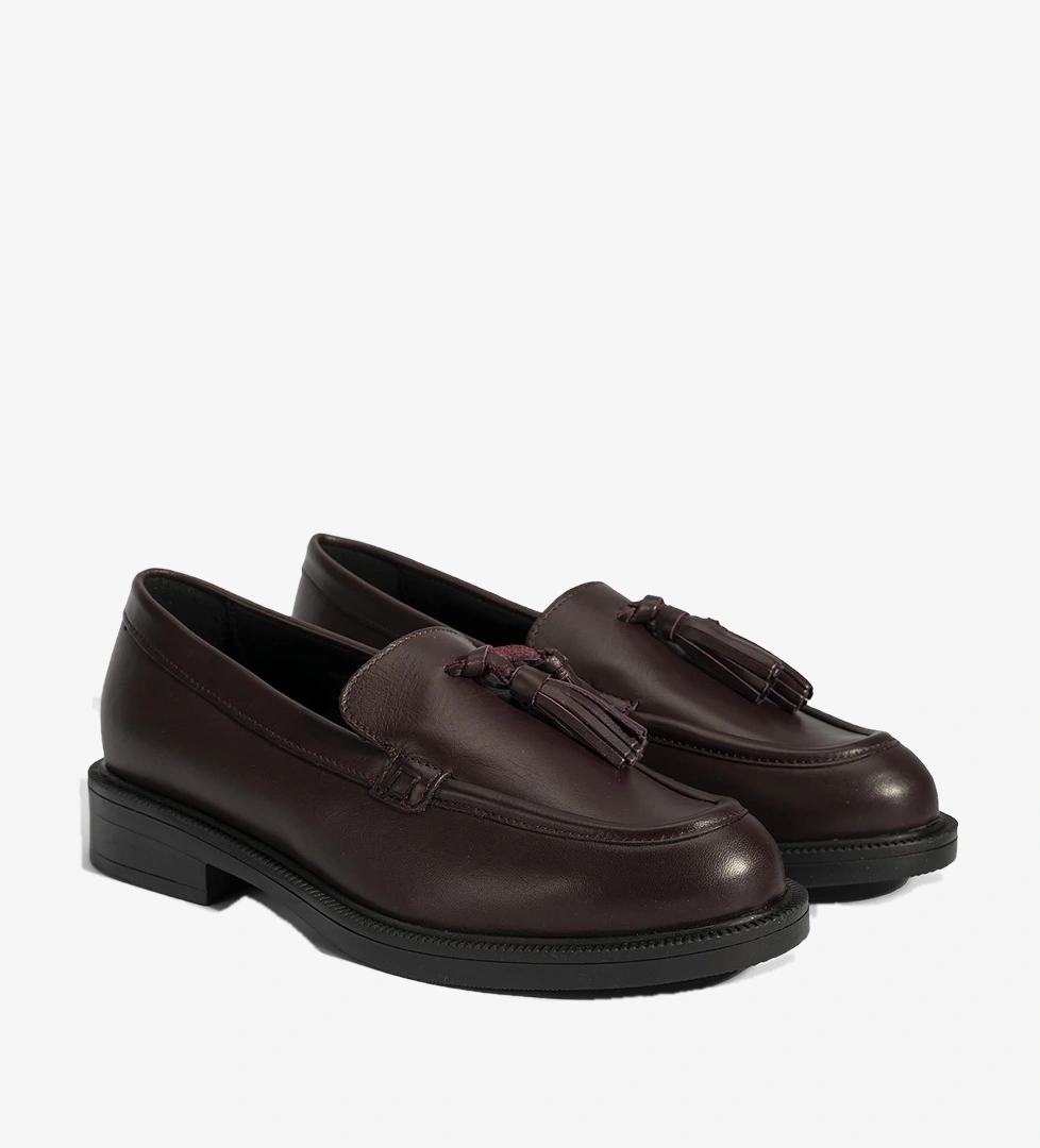 Kadın Bordo Püskül Detaylı Deri Loafer