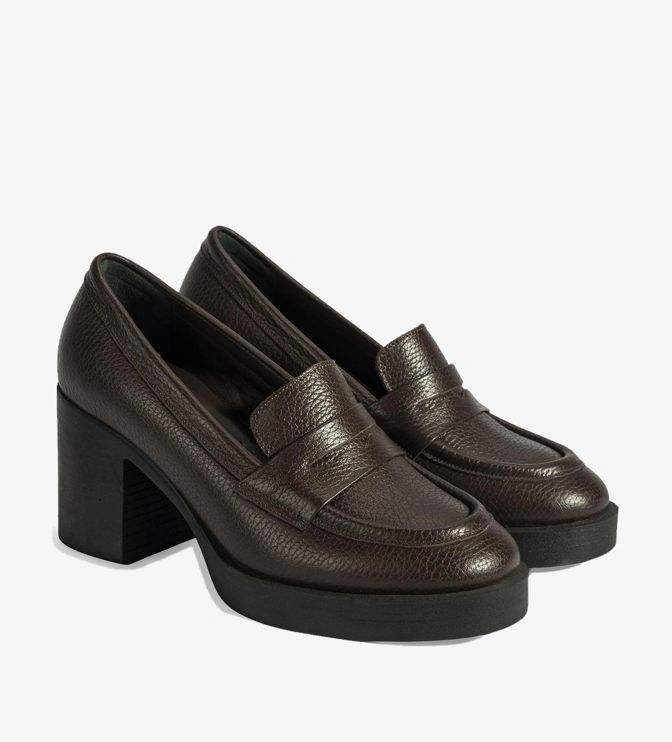 Kadın Kahve Kalın Topuklu Deri Loafer