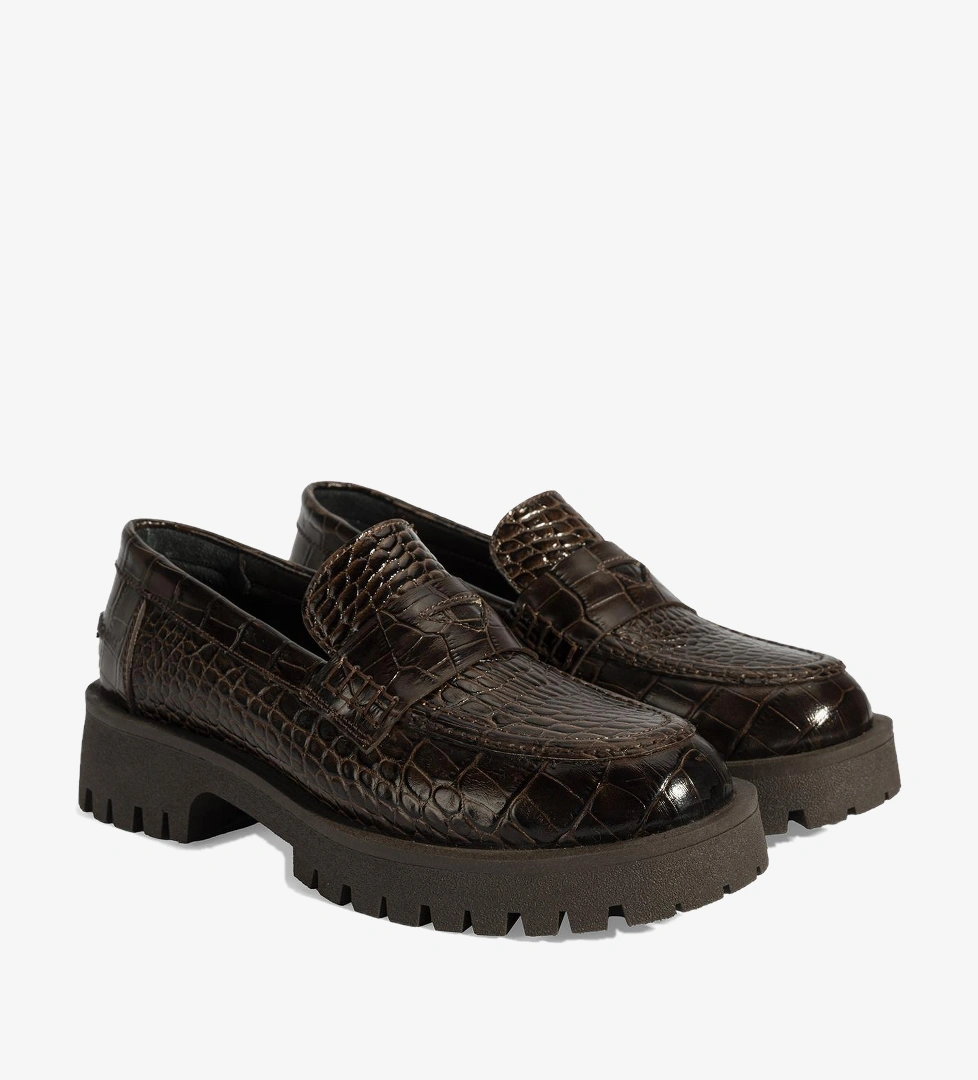 Kadın Kahve Kroko Basklı Deri Loafer