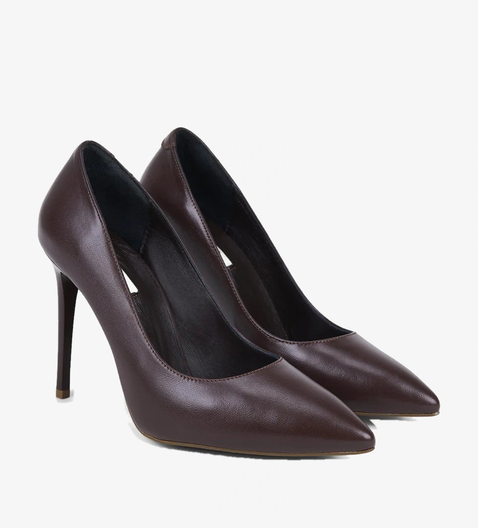Kadın Kahve Sivri Burunlu Klasik Deri Stiletto