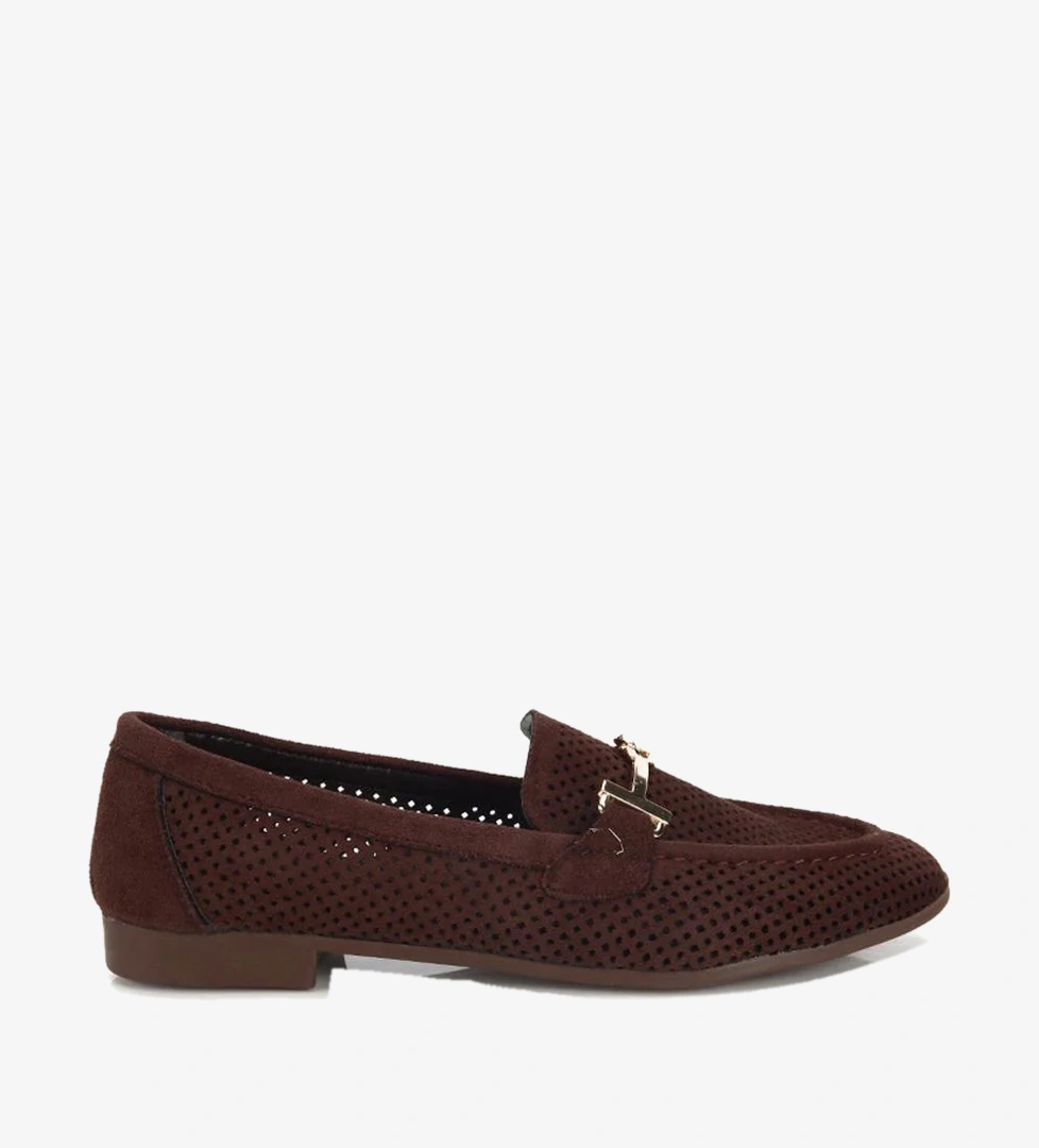 Kadın Kahverengi Süet Tokalı Zımba Detaylı Loafer