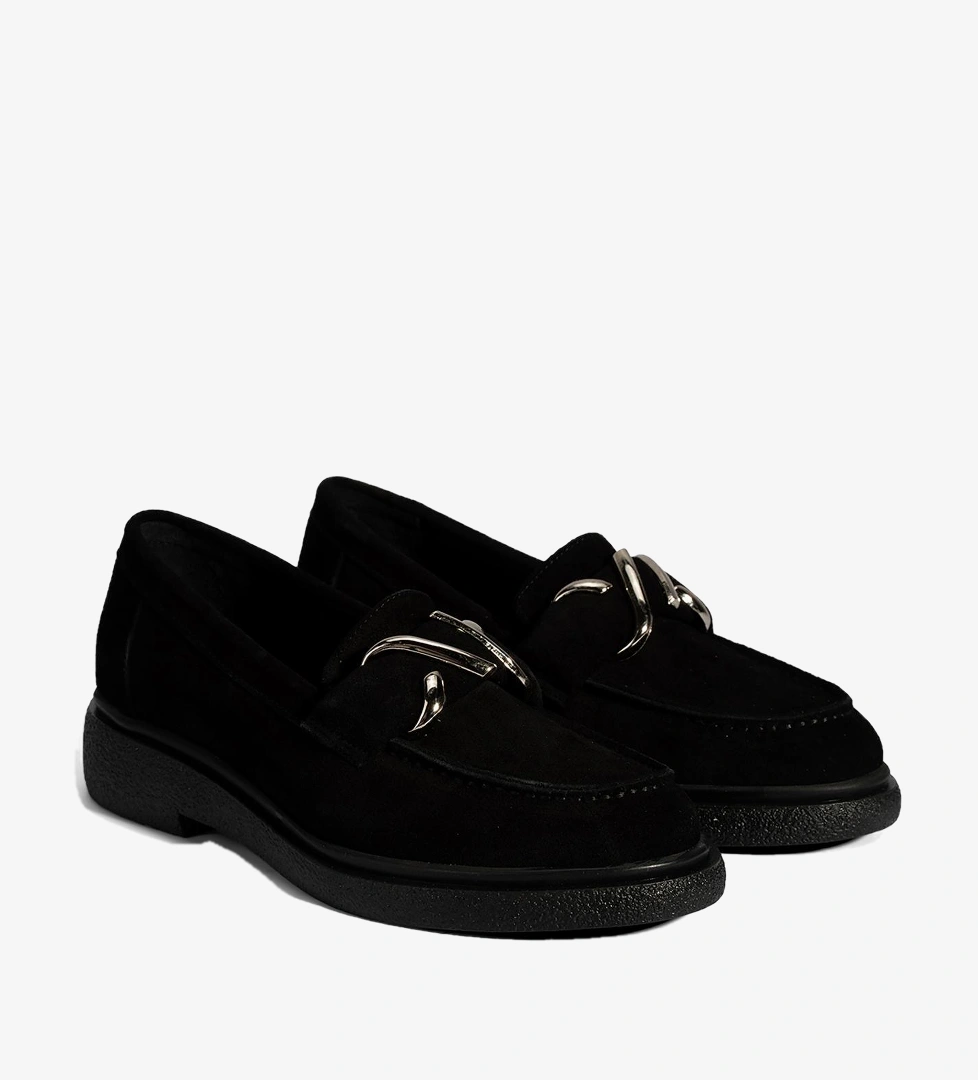 Kadın Siyah Metal Toka Detaylı Süet Loafer
