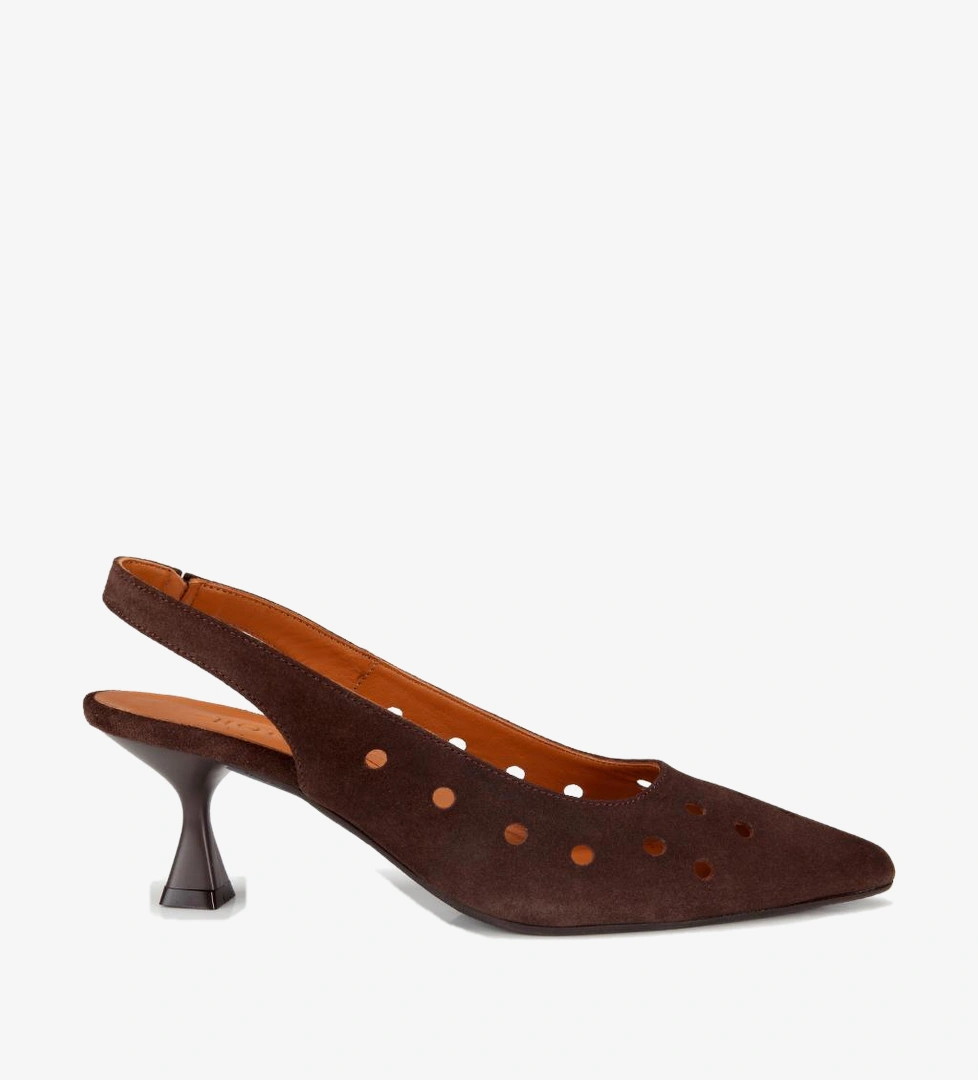 Kadın Süet Deri Kahverengi Delikli Arkası Açık Kısa Topuklu Stiletto