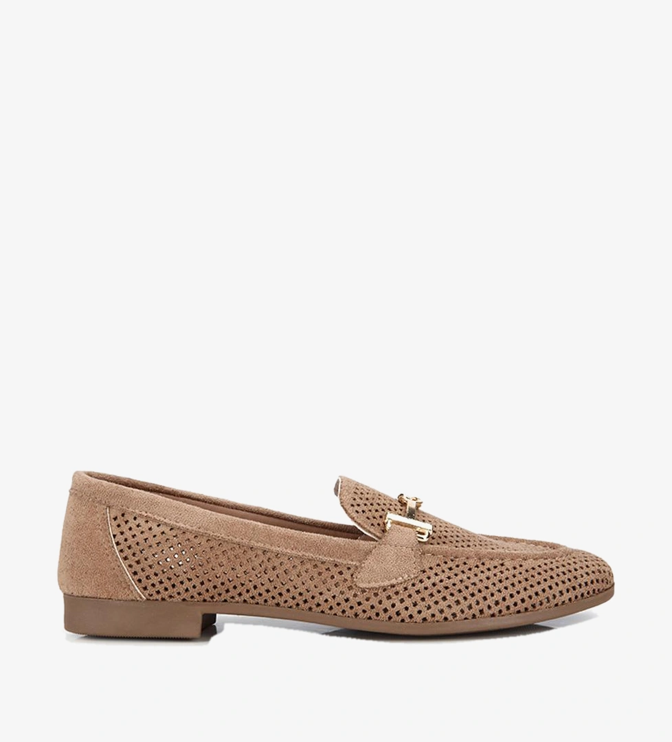 Kadın Vizon Süet Tokalı Zımba Detaylı Loafer