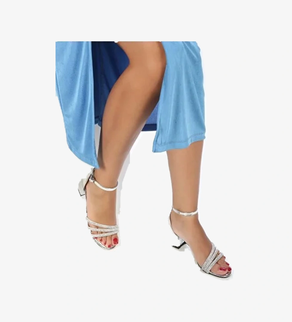 Mehtap Bej Mehtap Üç Şerit Taşlı 6 cm Topuklu Kadın Abiye Ayakkabı