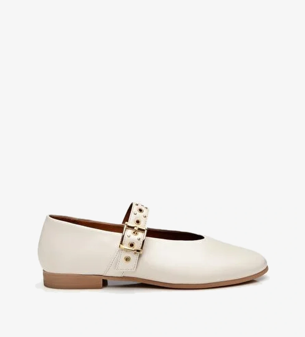 Hotiç Kadın Deri Ekru Mary Jane Kemerli Babet - Görsel 1
