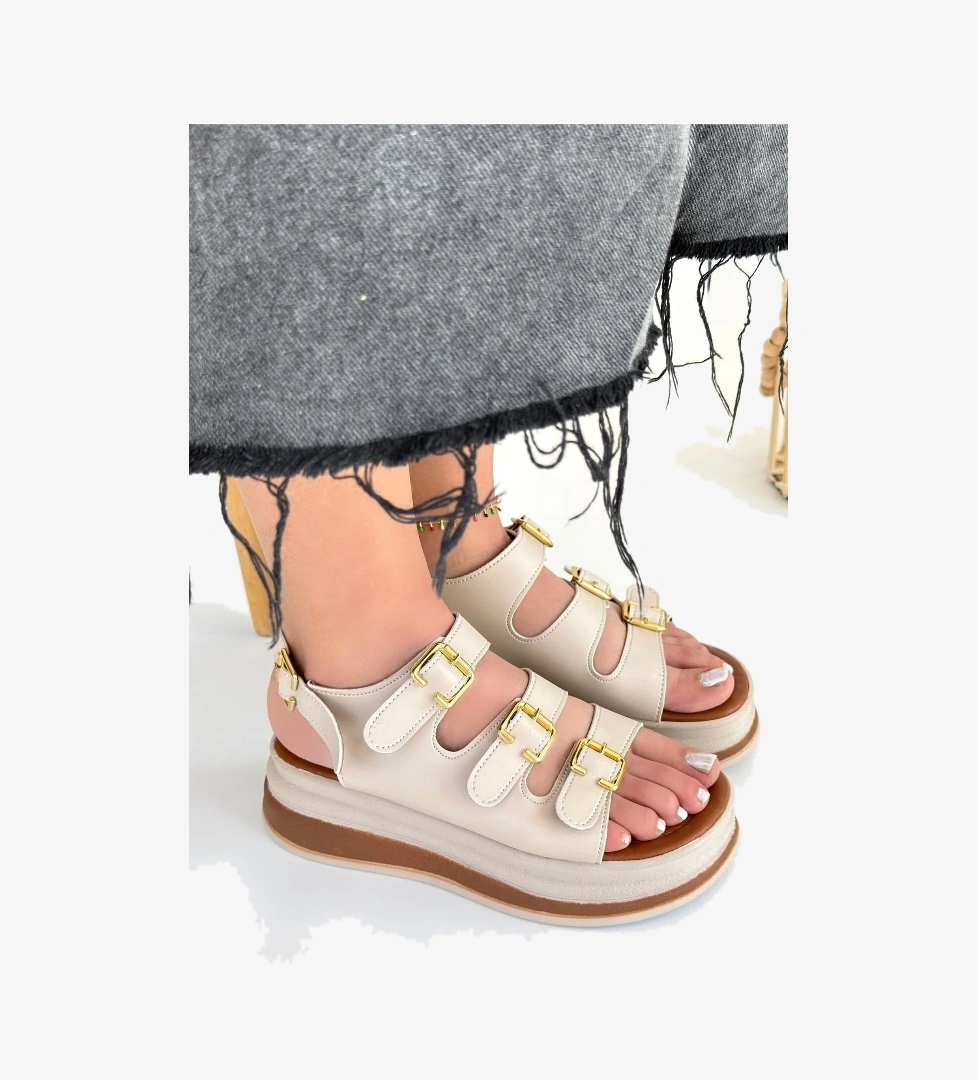 Pabucmarketi Pabucmarketi Bej Suni Deri Kadın Düz Sandalet Flo'da! Bej - 1. görsel