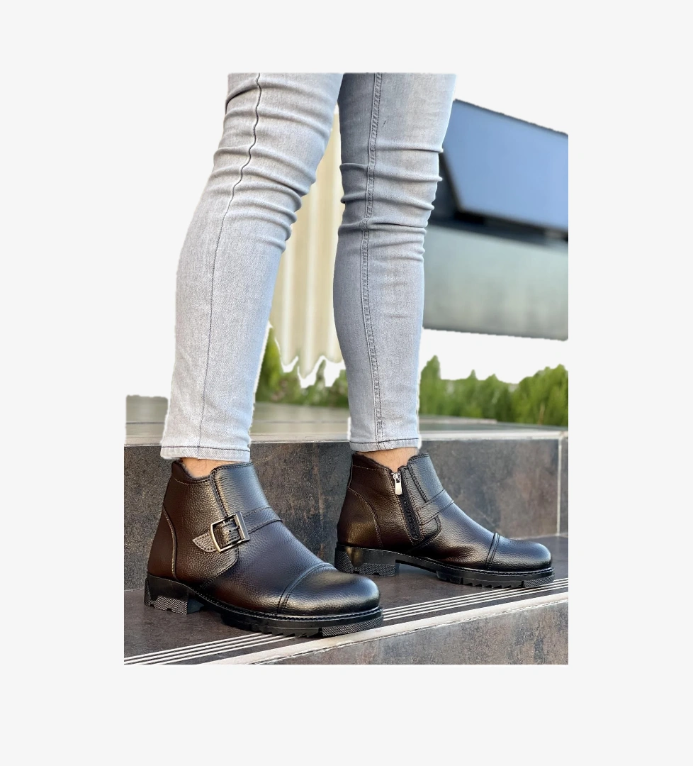 Muggo Muggo Kahverengi M1001 Su&amp;soğuk Geçirmez Kürklü Garantili Unisex Kışlık Fermuarlı Bot Kauçuk Taban Sağlam | Flo Kahverengi - 1. görsel