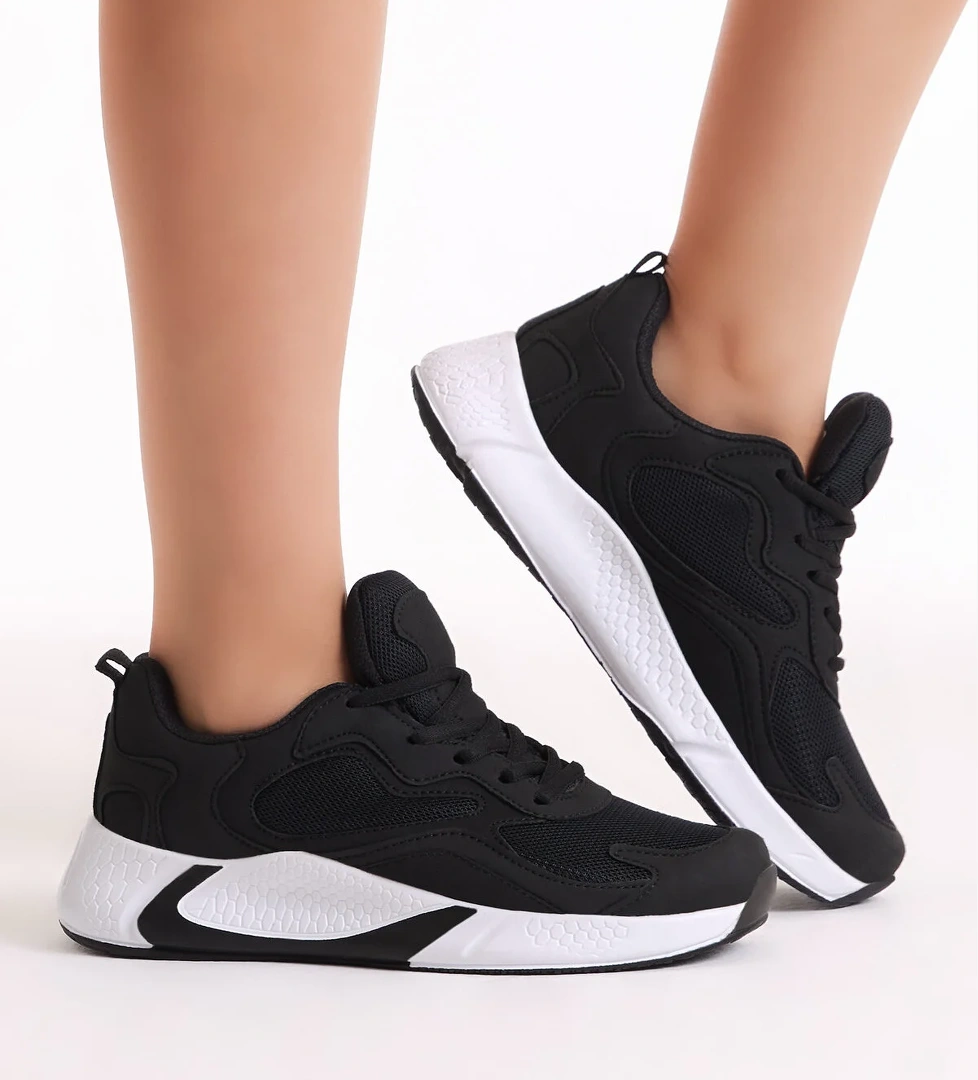 Unisex Siyah Beyaz Rahat Kalıp Yüksek Taban Bağcıklı Spor Ayakkabı