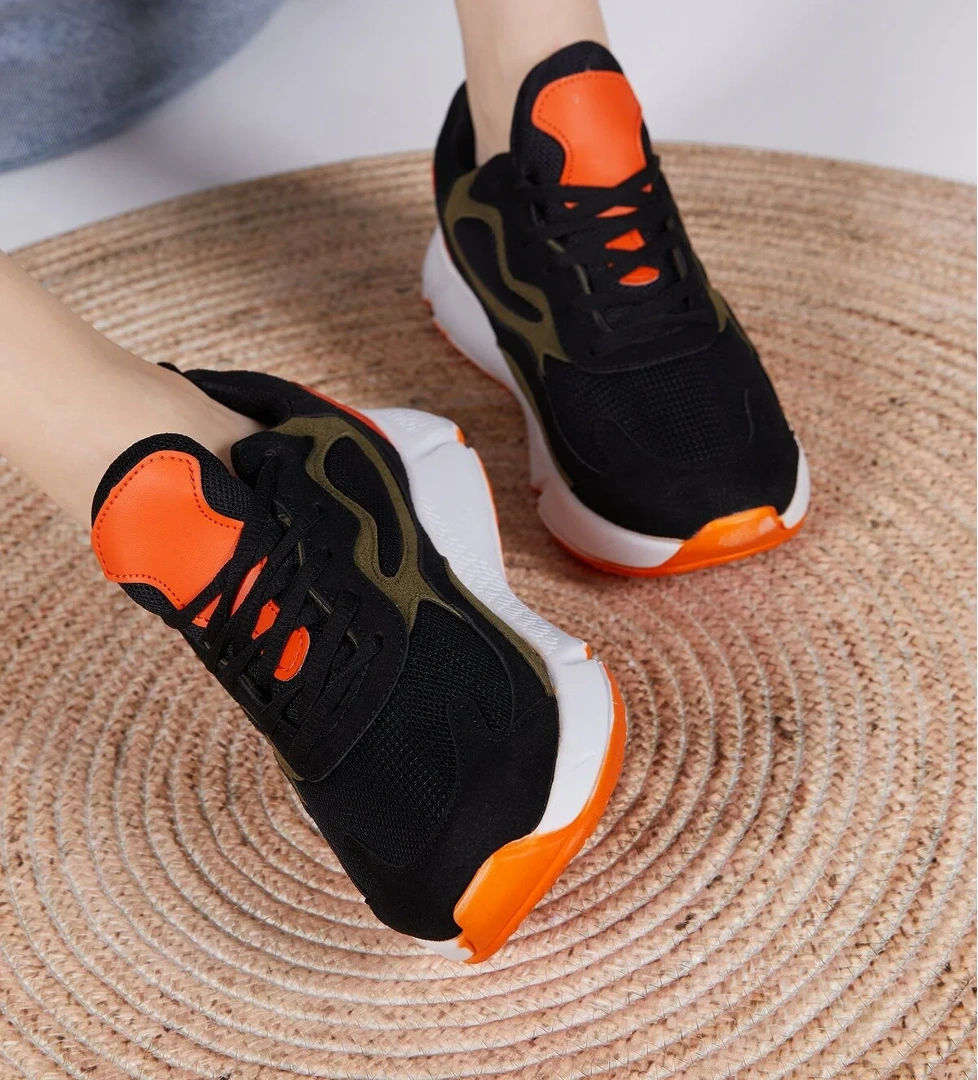 Unisex Siyah Turuncu Rahat Kalıp Yüksek Taban Bağcıklı Spor Ayakkabı