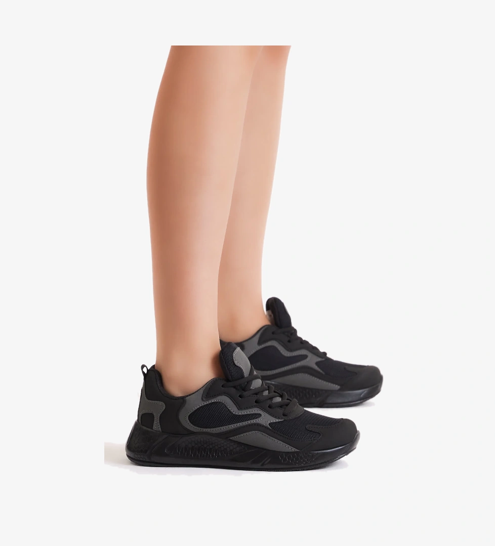 Unisex Siyah Rahat Kalıp Yüksek Taban Bağcıklı Spor Ayakkabı