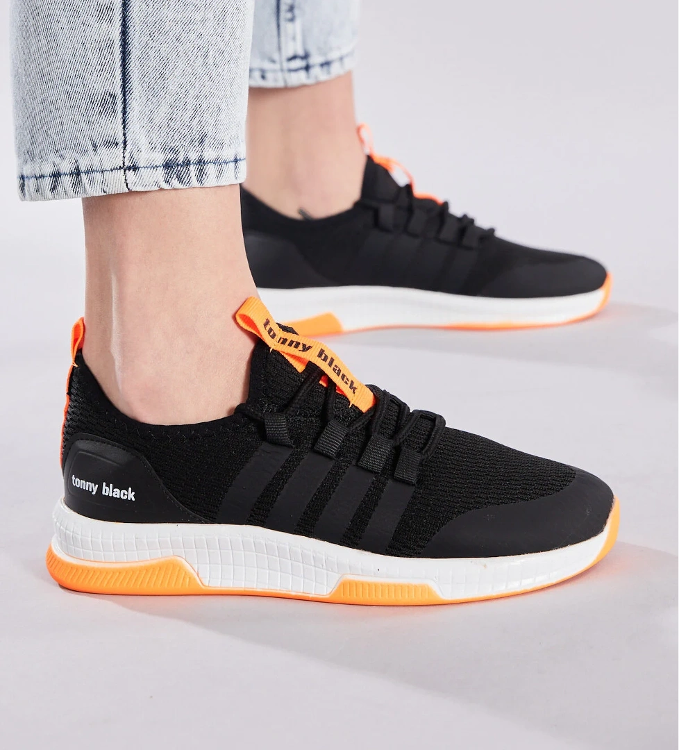 Unisex Siyah Turuncu Rahat Kalıp Şeritli Bağcıklı Spor Ayakkabı - Görsel 1