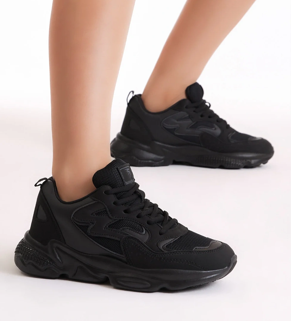 Unisex Siyah Rahat Kalıp Yüksek Taban Bağcıklı Spor Ayakkabı - Görsel 1